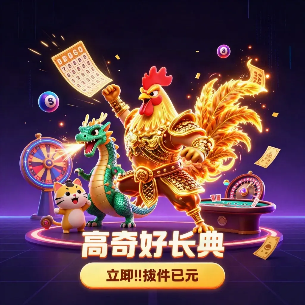 Rooster warrior, dragon hatchling, and fortune-cat amid glowing casino relics and neon energy
