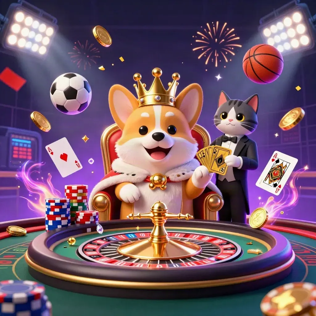 Royal corgi and cat butler amid roulette, coins, sports balls, chips, and neon casino energy.