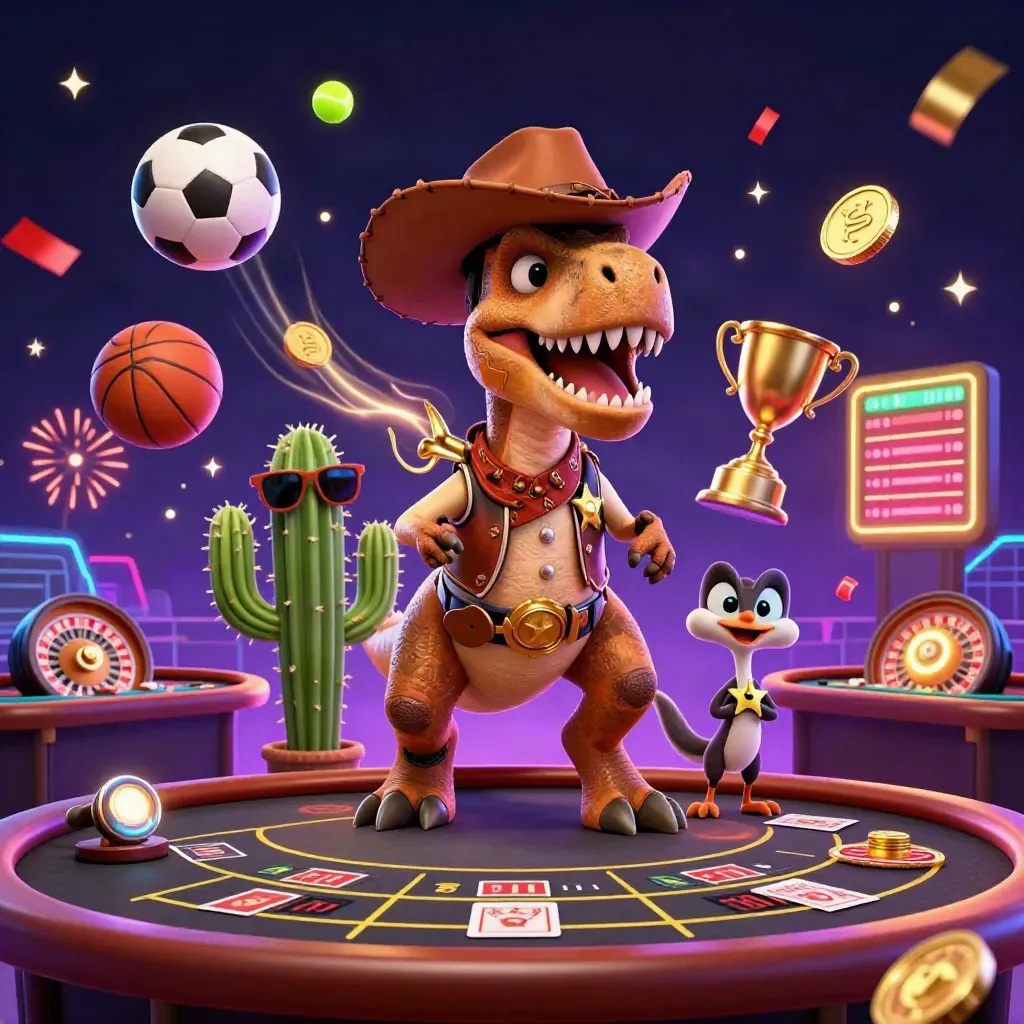 Cowboy T-Rex, cactus sidekick, and roadrunner amid casino lights, coins, sports balls, and fireworks.