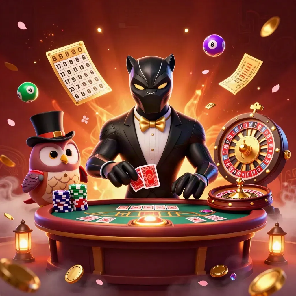 Panther, owl, and mouse in a glowing luxe casino tableau with roulette, cards, ember light, and gold.