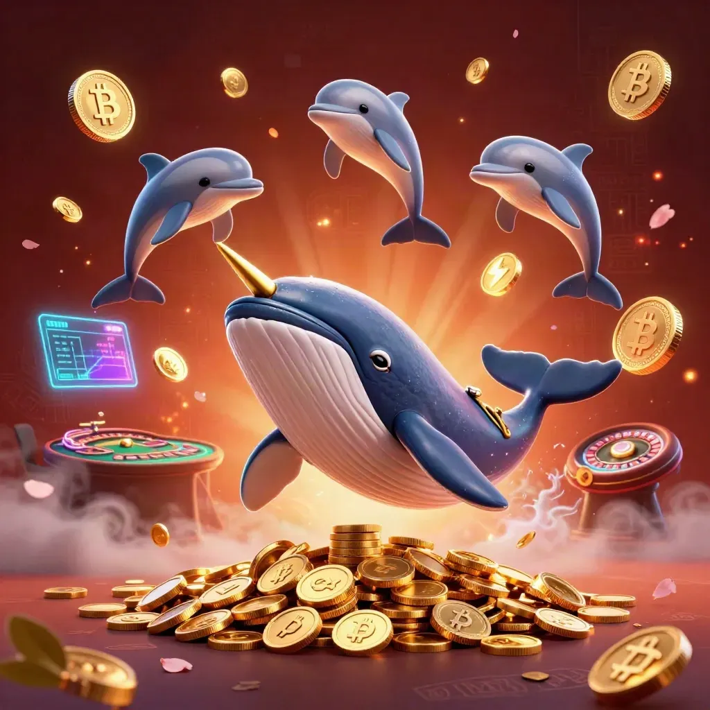 Whale captain, narwhal, and dolphins amid neon crypto casino glow, coins, runes, and embers.