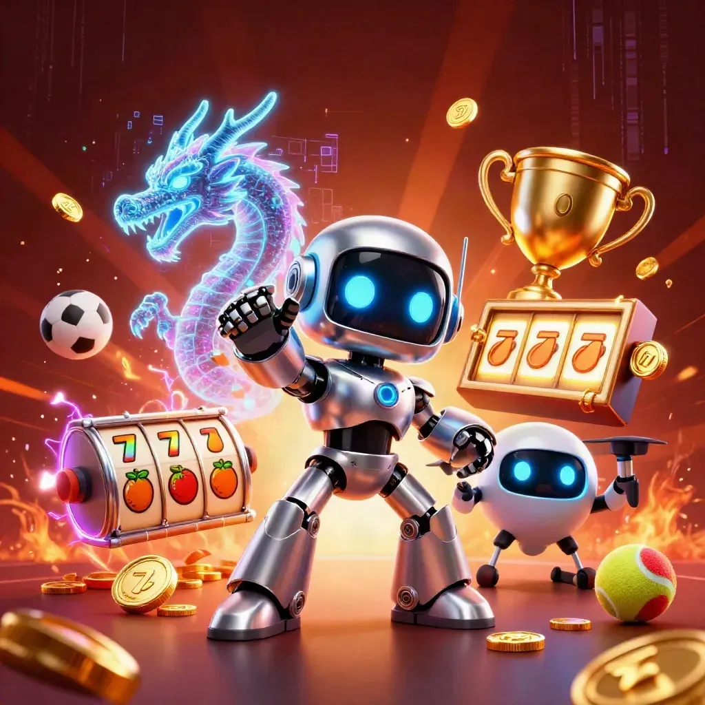 Cyberpunk robot, holographic dragon, and coin drone amid casino sports chaos and gold bursts