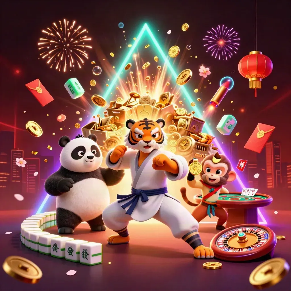 Kung-fu tiger, panda, and monkey amid casino riches, fireworks, and glowing tables