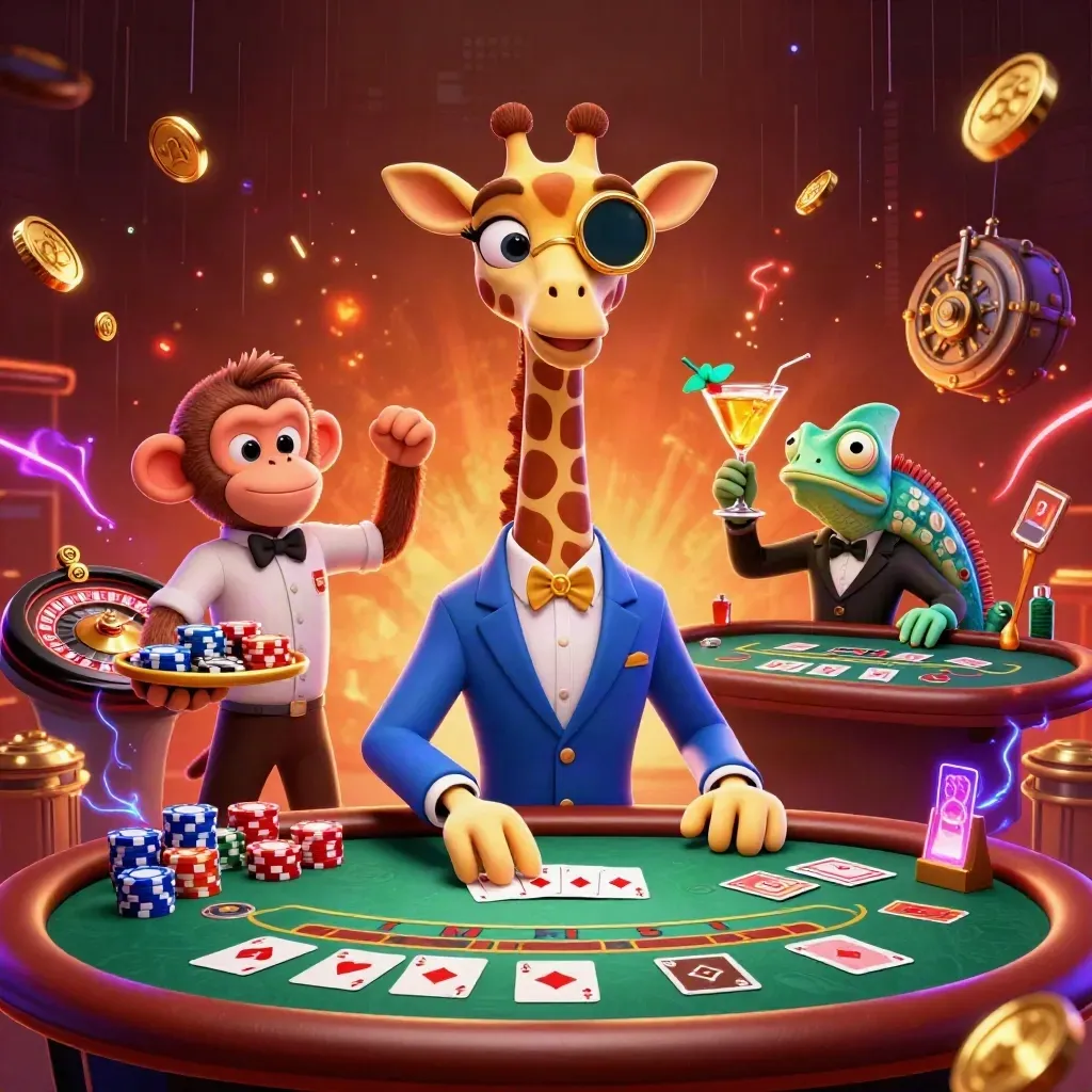 Giraffe, monkey, and chameleon celebrate amid chips, coins, and casino glow.