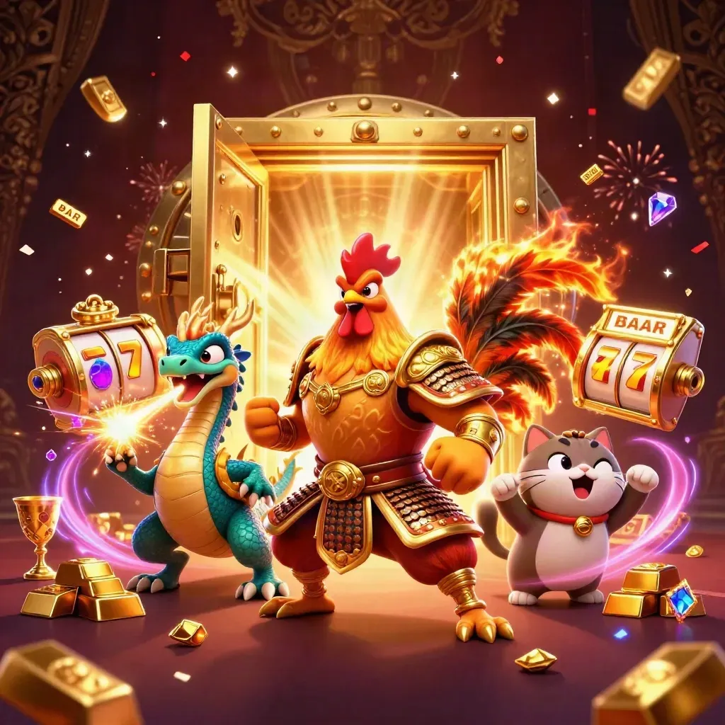 Rooster warrior, dragon hatchling, and fortune-cat amid casino treasure, sparks, and glowing vault light.