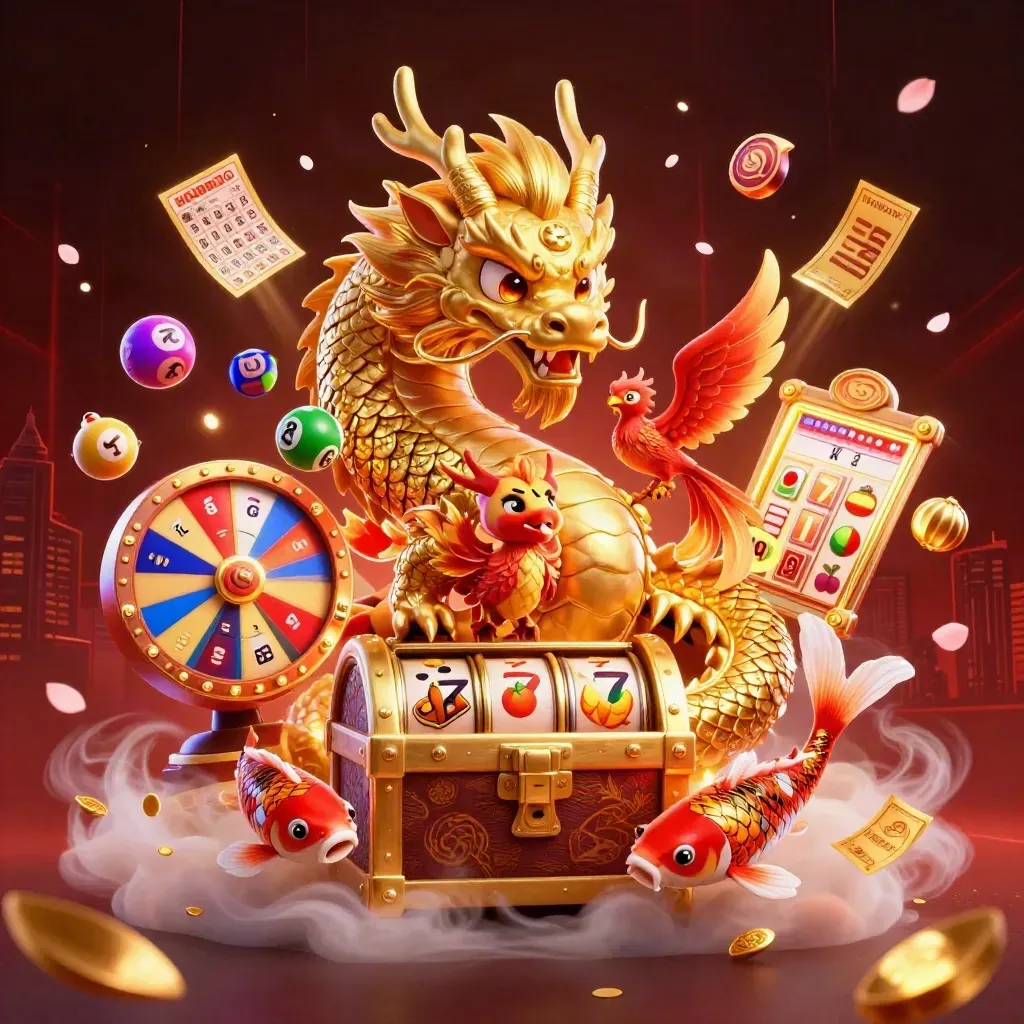 Golden dragon, phoenix, koi, and casino symbols burst over a dark mystical skyline.