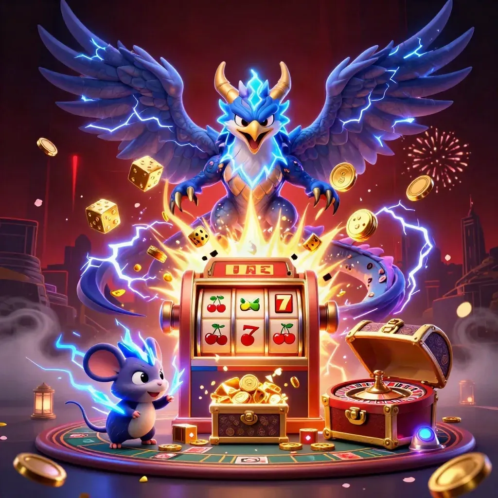 Dragon, hawk, and thunder-mouse amid jackpot slots, coins, and mystical casino energy.